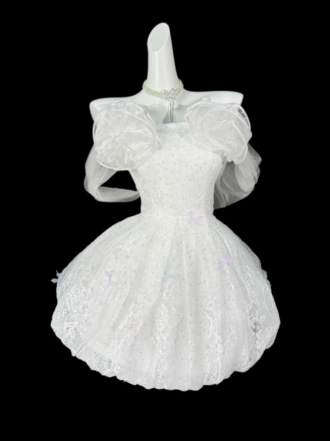 Unique Ball Gowns Off The Shoulder White Lace Short Mini Party Graduation Homecoming Dresses N4415