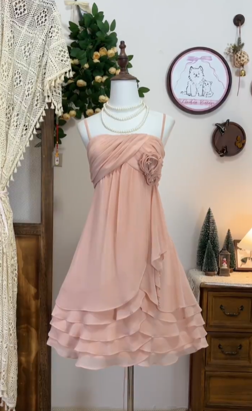 Pretty A Line Spaghetti Strap Pink Chiffon Mini Senior Short Graduation High School Homecoming Dresses N4579