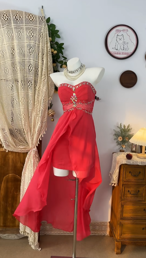 Süßes High-Low Sweetheart-Kleid aus rotem Chiffon für Abschlussball, Abschlussfeier, Homecoming-Kleider N4600