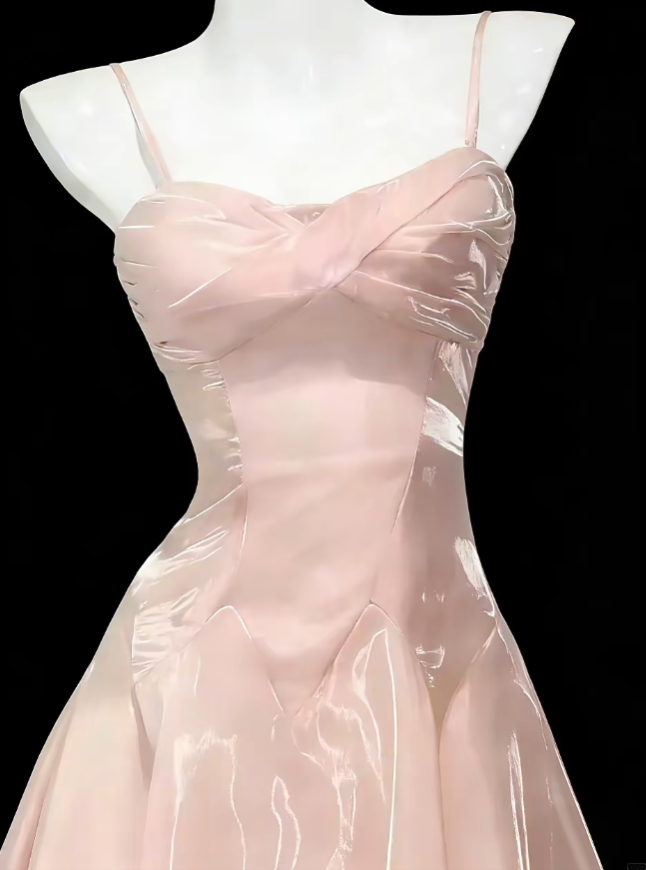 Robe de soirée élégante rose longueur cheville à fines bretelles ligne A pour anniversaire ou invitée de mariage N4634