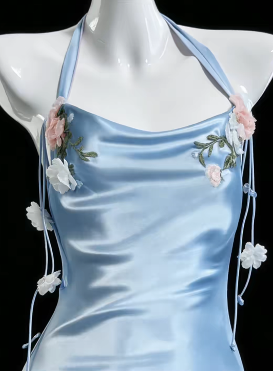 Romantische Meerjungfrau Neckholder Blaue Satin Ideen Für Frauen 18. Geburtstag Kleider Urlaub Sommer Outfits N4694