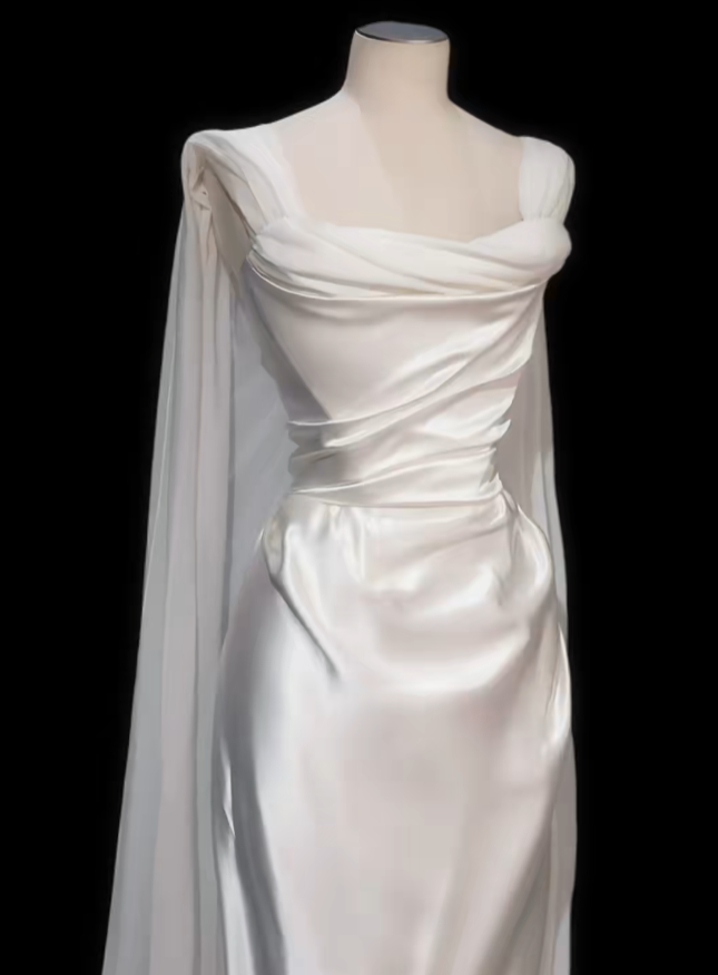 Einfaches Meerjungfrau-Brautkleid trägerlos mit abnehmbarer Umhang Satin Garten Weiß N4708