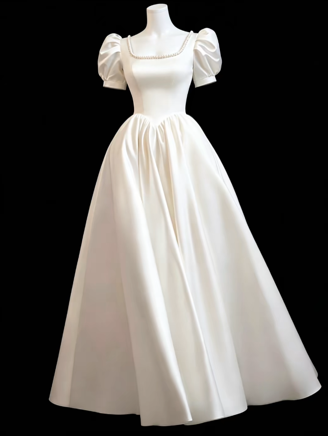 Simple A line Square Neck With Short Sleeves Satin Garden White Wedding Dresses N4710
