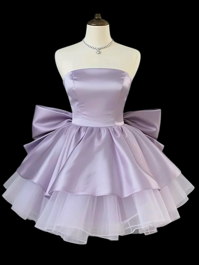 Einzigartige Ballkleider, trägerlos, lila Satin mit Schleife, Mini Senior Kurze Hoco Kleider Heimkehrkleider N4721
