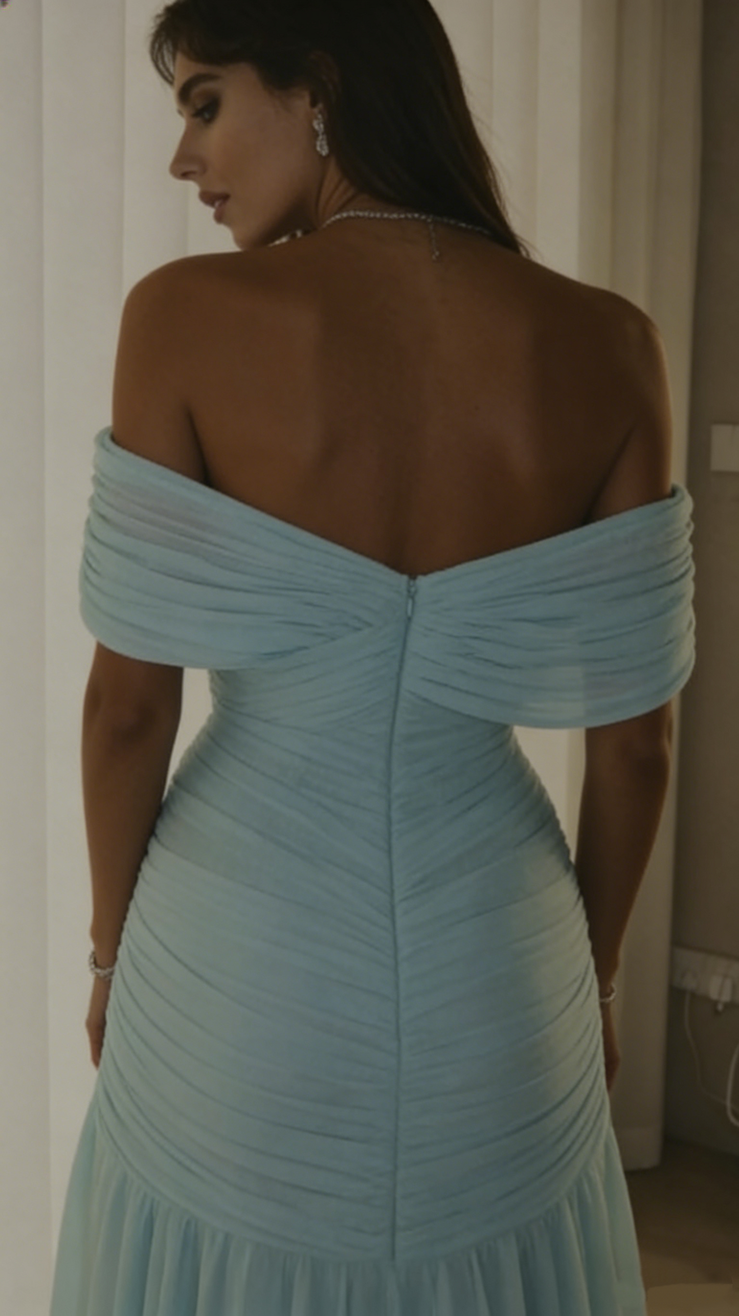 Robe de soirée personnalisée en mousseline bleu clair, coupe sirène sexy, décolleté cœur, épaules dénudées, style célébrité, robe d'invitée de mariage N897