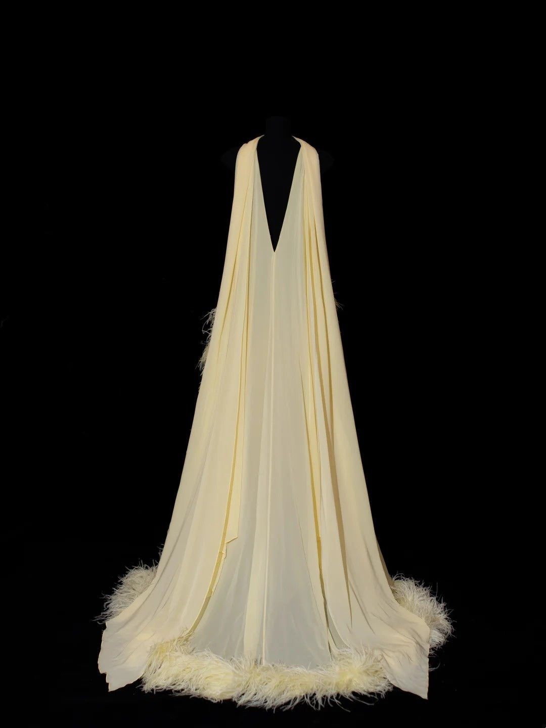Robe de soirée longue jaune en mousseline de soie ornée de plumes, coupe trapèze, col rond, élégante, idéale pour un bal de promo ou un mariage (N913).