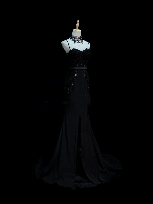 Elegantes, schwarzes Meerjungfrauen-Kleid mit Spaghettiträgern und Perlenapplikationen – langes Partykleid, Ballkleid oder beeindruckendes Hochzeitsgastkleid N918