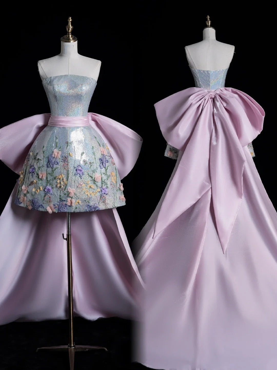 Robe de bal courte à paillettes gris argenté sans bretelles, idéale pour un 16e anniversaire, un bal de fin d'année au collège (N511)
