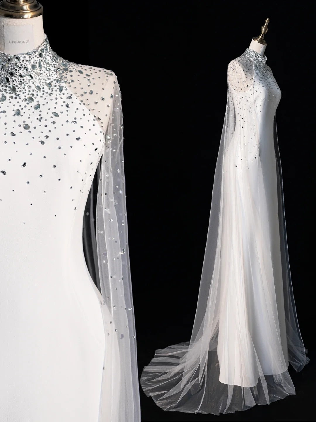Robe de mariée sirène modeste à col montant et cape, manches longues, en satin blanc, robe de mariée féérique d'automne N515