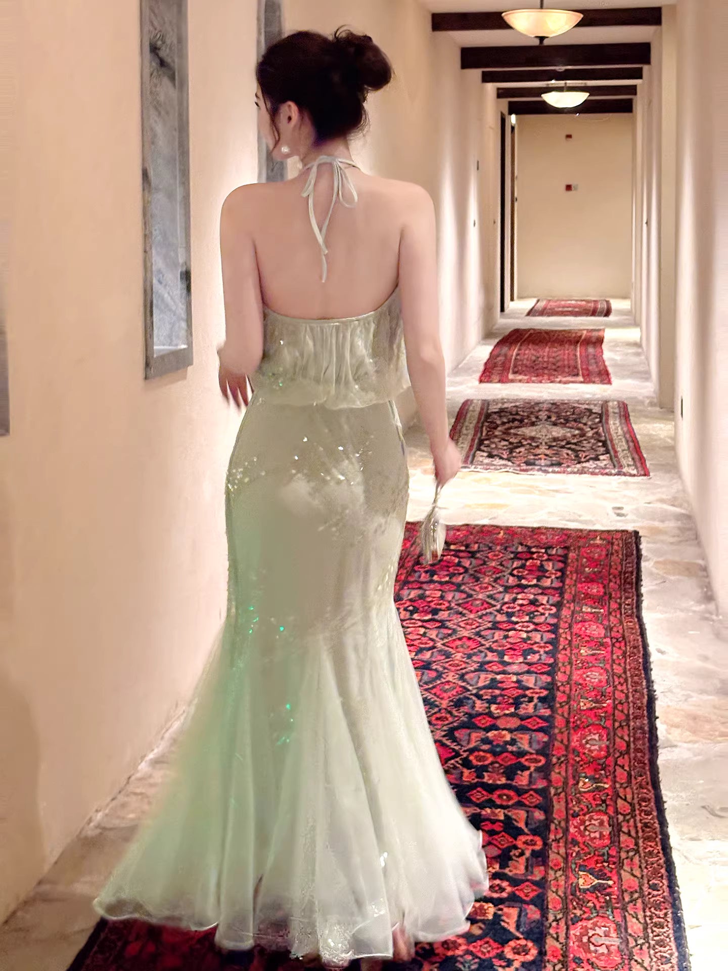 Robe de bal sirène sexy à sequins vert menthe, dos nu, longueur cheville, robe d'invitée de mariage, tenue pour un 20e anniversaire AB2479