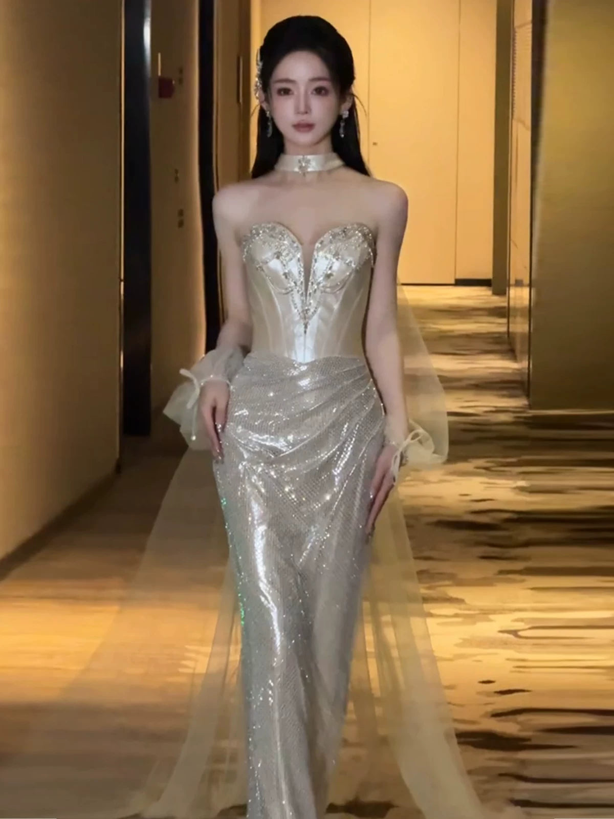 Sexy Mermaid Sweetheart Sequins Champagne Long Formal Prom Dresses Dance Night Outfits Party Gowns AB2204