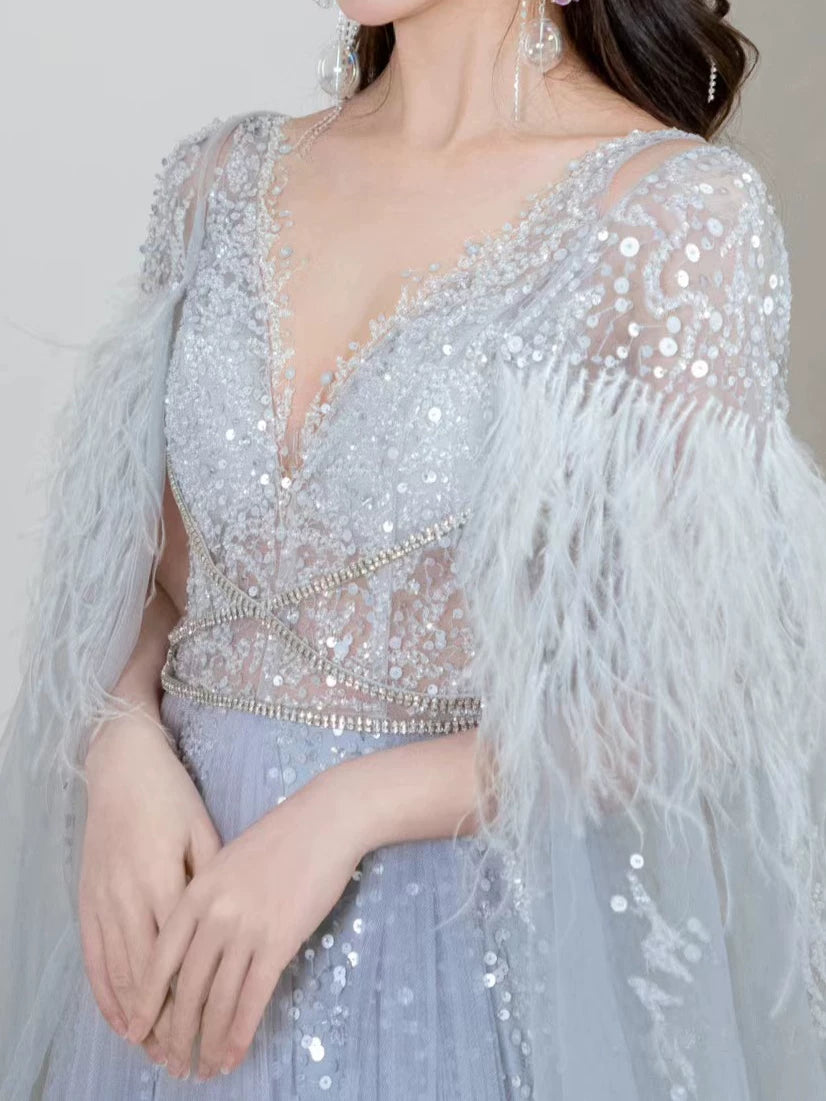 Robe de bal élégante en tulle bleu ciel clair, coupe trapèze, col en V, inspiration robe de soirée longue pour un 19e anniversaire AB2300