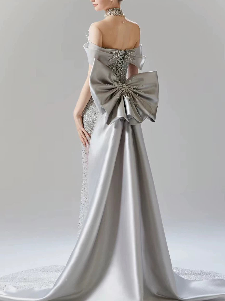 Robe de soirée sirène gris argenté vintage, épaules dénudées, ornée de perles, robe de bal longue, tenue d'anniversaire AB2314