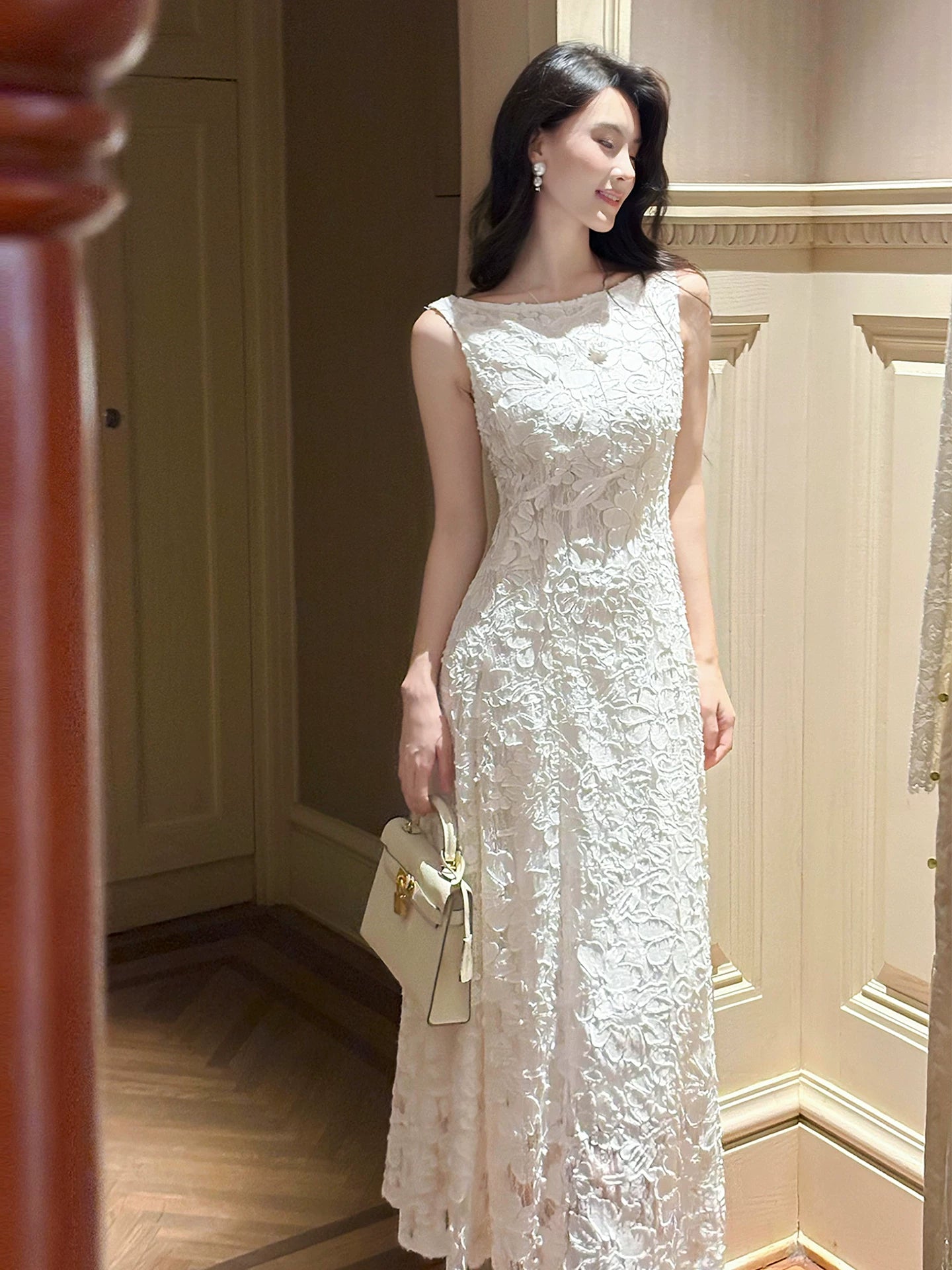 Robe de bal mi-longue en dentelle blanche, coupe trapèze, col bateau, élégante, idéale pour une remise de diplôme ou un anniversaire (N088)