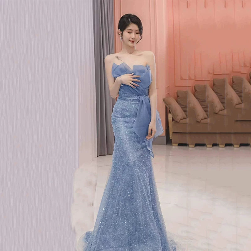 Modest Mermaid Strapless Dusty Blue Sequins Prom Dresses Inspiration Long Party Night Evening Dress 20th Birthday Outfits AB2330