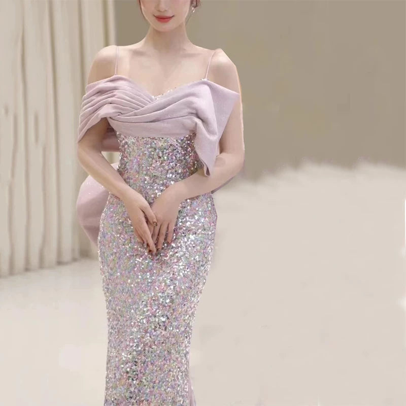 Robe de bal sirène modeste à fines bretelles et sequins lilas, inspiration robe de soirée longue pour un 19e anniversaire AB2320