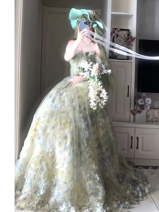 Prinzessinnen-Ballkleid, trägerlos, floral, waldgrün, Tüll-Oberteil, Inspiration für lange Party- und Nachtkleider, Outfits zum 20. Geburtstag AB2264