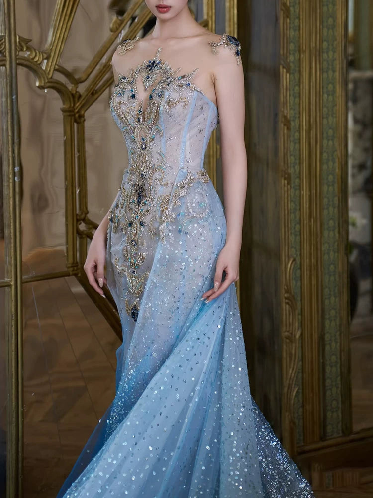 Robe de bal sirène modeste à col rond et sequins avec cape perlée, inspiration robe de soirée longue pour un 19e anniversaire AB2298