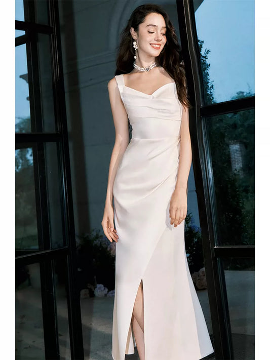 Sexy Etuikleid aus weißem Satin, knöchellang, ideal für Abschlussball, Hochzeit oder als Outfit für den 22. Geburtstag (AB2509)