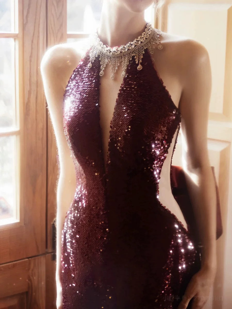Robe de bal sirène modeste à col montant et sequins bordeaux, inspiration robe de soirée longue pour un 21e anniversaire AB2293