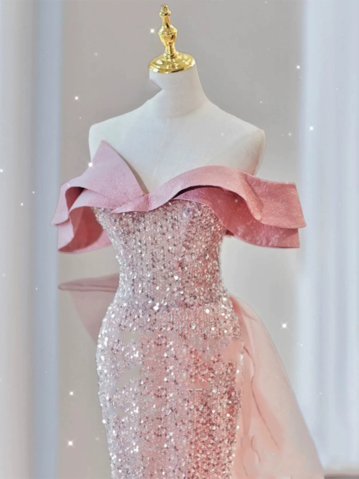 Robe de soirée sirène scintillante à épaules dénudées, robe de bal à sequins roses, robe de fête longue, tenue pour un 19e anniversaire AB2324