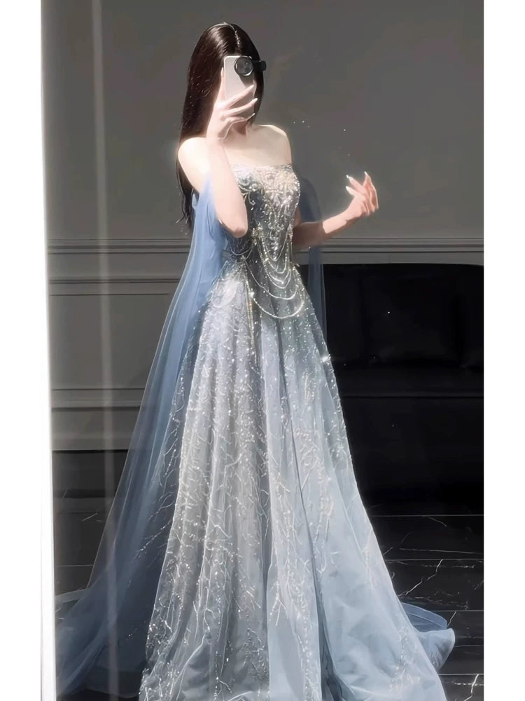 Robe de bal longue à sequins, coupe trapèze, épaules dénudées, style tendance pour adolescentes, robe de soirée, robe de bal AB2229
