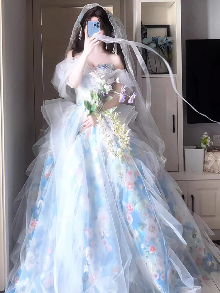 Robe de bal unique bleue à épaules dénudées et manches courtes - Inspiration robes de soirée - Tenues pour un 16e anniversaire AB2257
