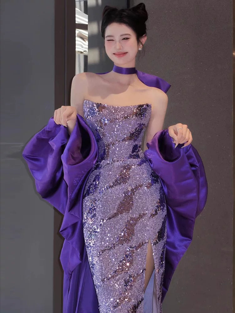 Robe de bal sirène bustier à paillettes violettes, inspiration robe de soirée longue, tenue pour un 20e anniversaire AB2258