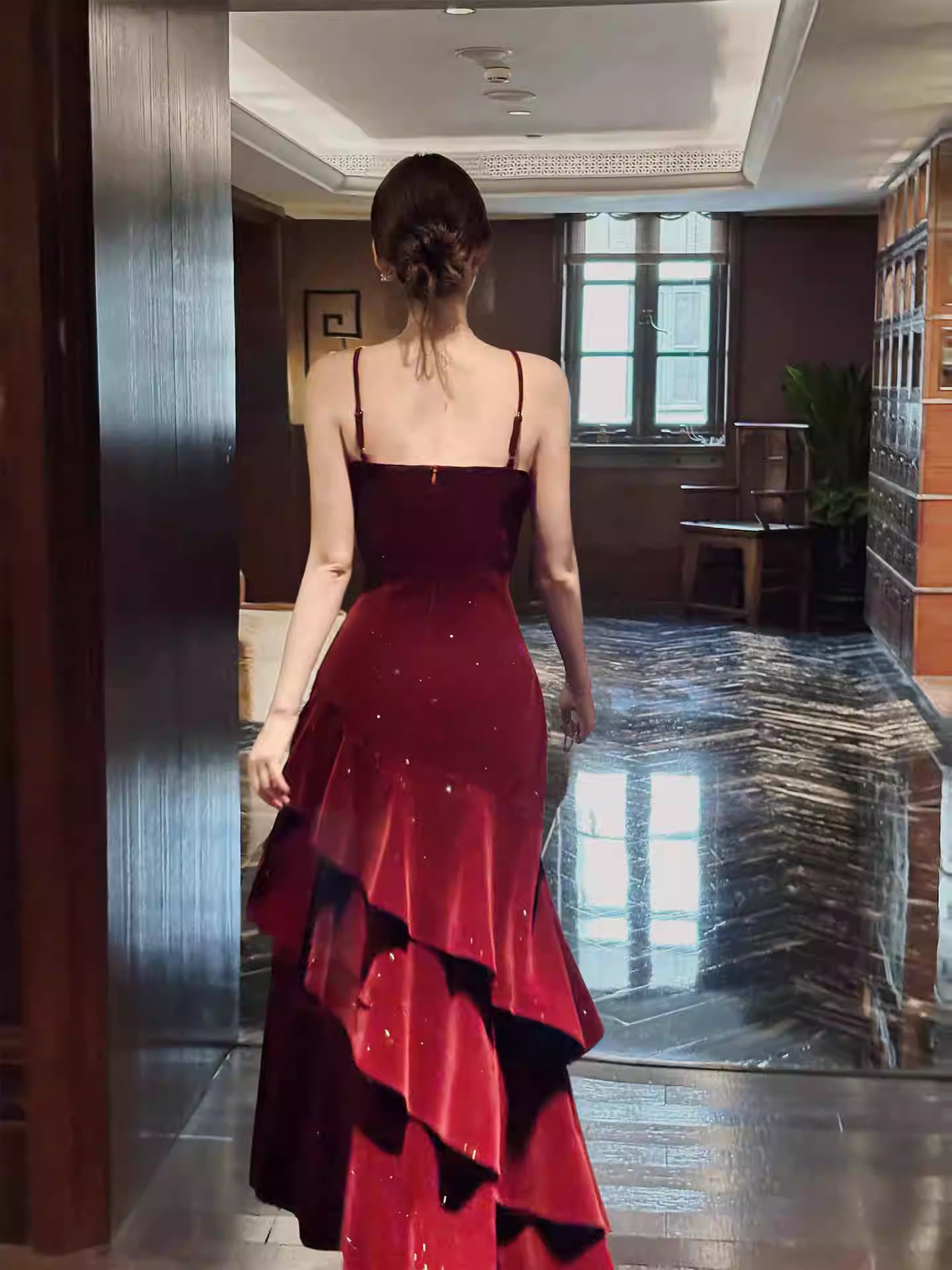 Modest Mermaid Spaghetti Straps Burgundy Velvet Long Prom Dresses Wedding Guest Dress 20th Birthday Outfits AB2485