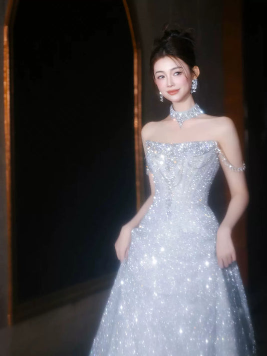 Prinzessinnen-A-Linien-Kleid, trägerlos, blau, Pailletten, Inspiration für lange Party-Nachtkleider, Outfits zum 20. Geburtstag AB2251