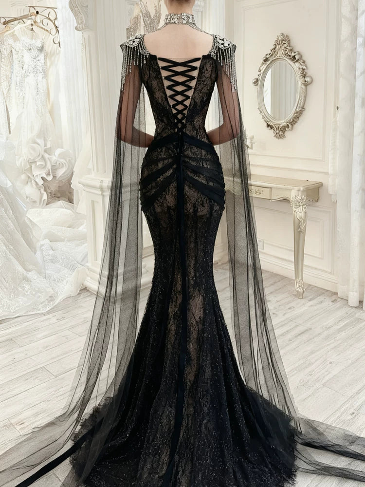 Robe de bal modeste, inspiration sirène, col en V, tulle noir, manches longues, cape, robe de soirée longue AB2337