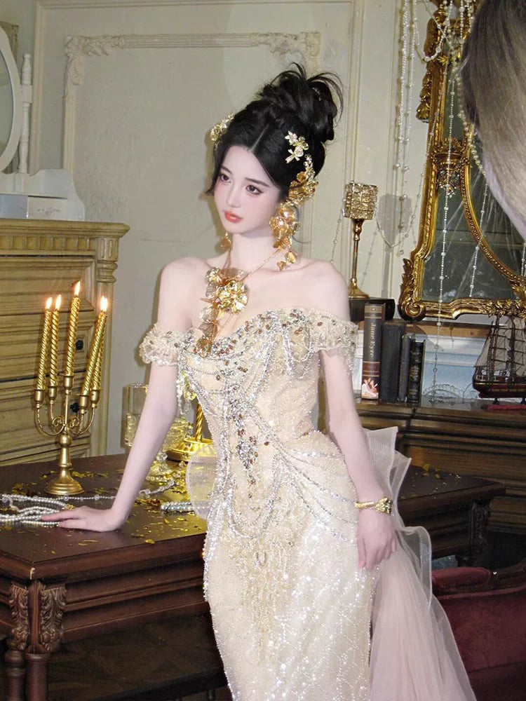 Robe de bal longue à sequins champagne, épaules dénudées, style sirène sexy, idéale pour les fêtes, les 16 ans et les remises de diplômes (AB2243)