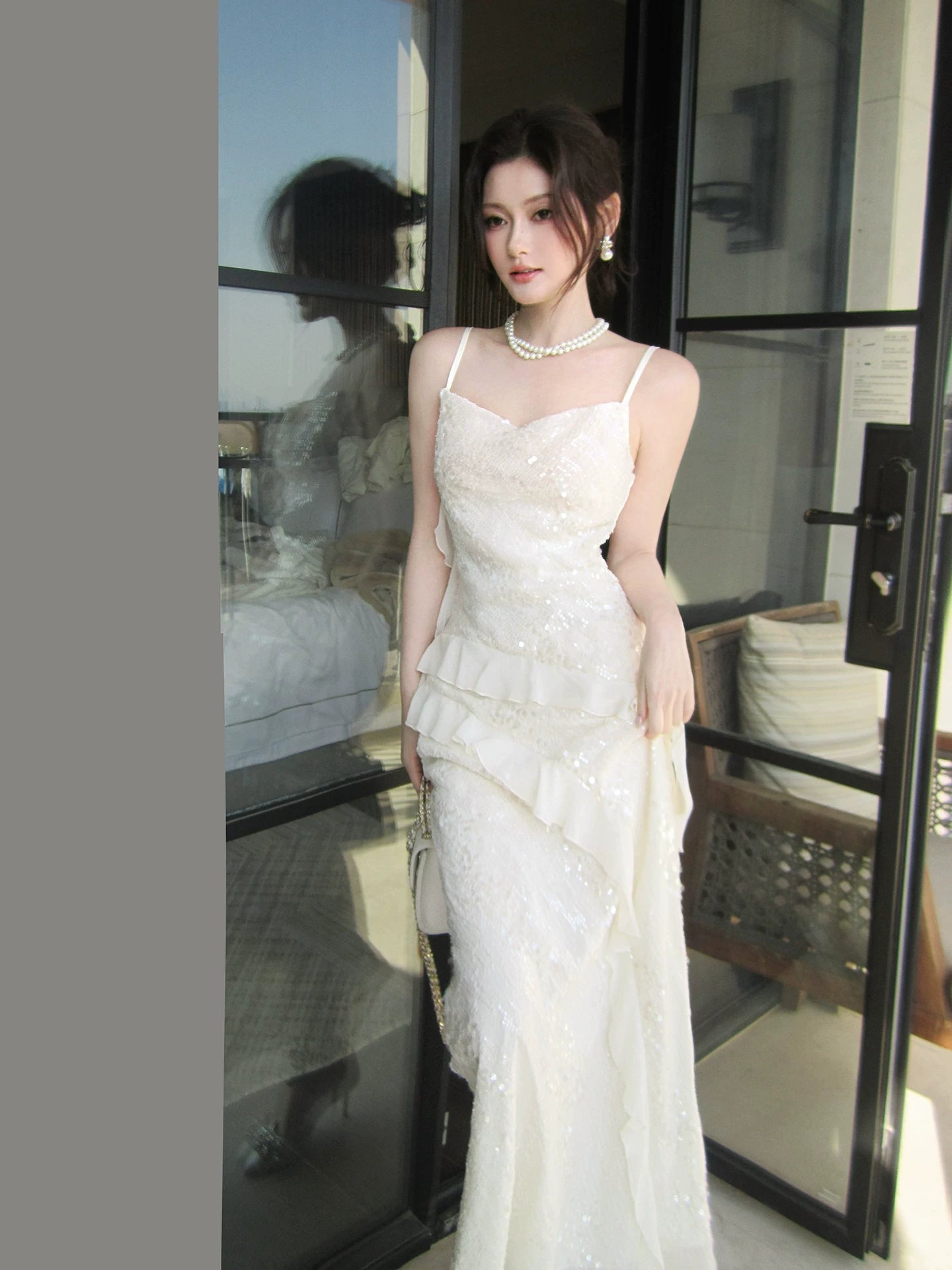 Modest Mermaid Spaghetti Straps Sequins Ivory Prom Dresses Wedding Guest Gown 16th Nigh Party Birthday Outfits AB2426