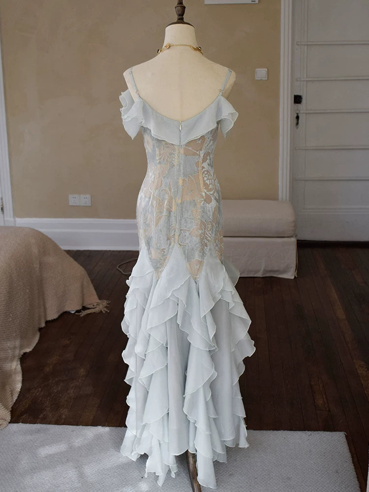 Robe de bal sirène vintage années 1960, bretelles spaghetti, mousseline bleu ciel clair, inspiration robe de soirée longue, tenue pour un 18e anniversaire AB2388