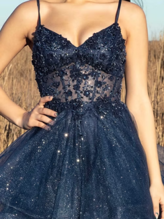 Schickes Ballkleid mit Spaghettiträgern, marineblau, Tüll, lange Ballkleider, Inspiration, Partykleid, Ballkleider RB1295