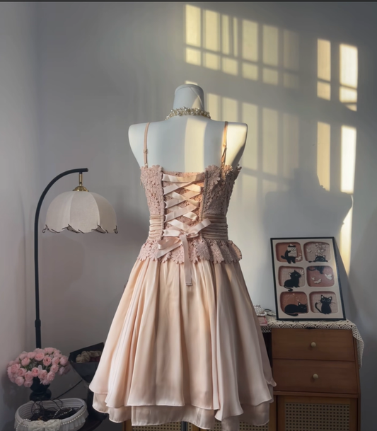 Vintage A Line Spaghetti Strap Pink Lace Chiffon With Corset Fitted Back 16th Birthday Homecoming Dress Graduation Outfits RB6805