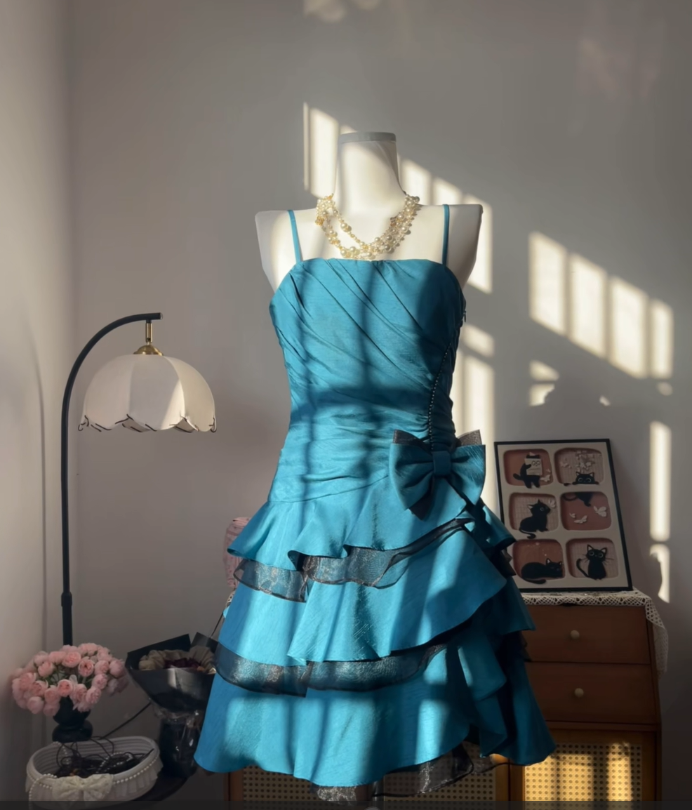 Elegant A line Spaghetti Strap Blue University Ideas Homecoming Dress Inspo Short High School Senior Graduation Outfit RB6974