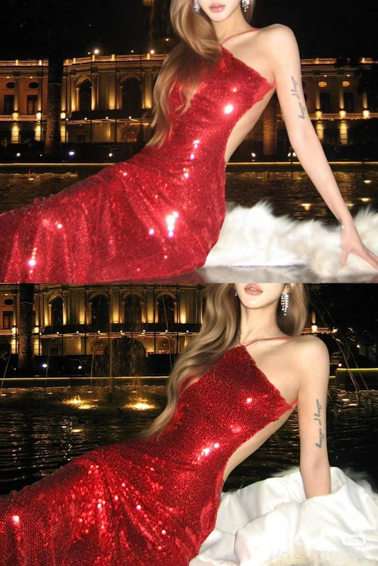 Classy Mermaid Neckholder Red Pailletten Lange Ballkleider Abendkleid Geburtstag Outfits Abendkleid RA006