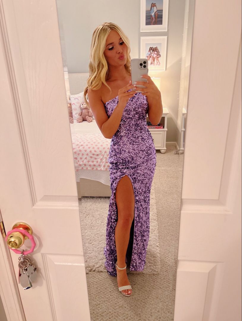 Elegant Sheath One Shoulder Sequin Lilac Slit Senior Aesthetic Prom Dresses Prom Gowns Formal Outfits Graduation Dress RA068