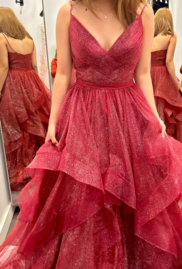 Classy Ball Gown Spaghetti Straps Red Sequin Prom Dresses Long Party Dress 18th Birthday Outfit Graduation Dress RB1034