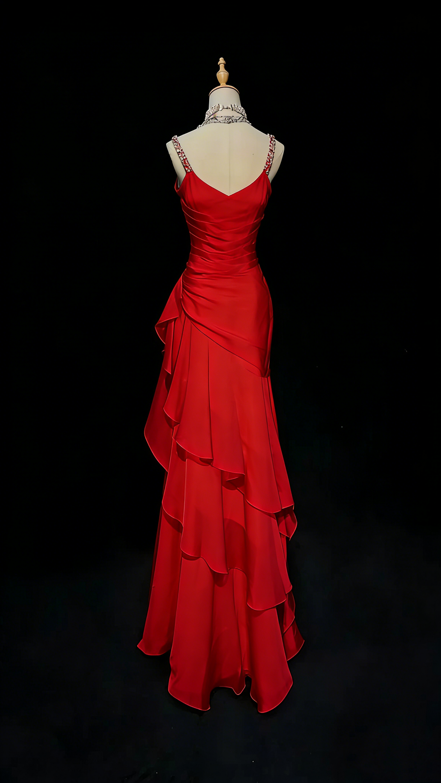 Robe de bal longue rouge en mousseline à fines bretelles sirène, N1417