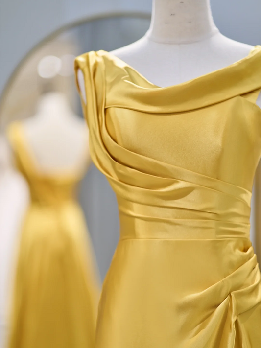 Charming Mermaid Cowl Neck Yellow Satin Prom Dresses Long 18th Birthday Outfit Senior High School Dance Party Dress RB1061