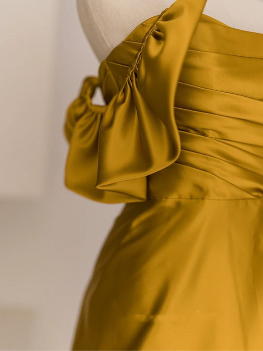 Modest Trendy Mermaid Off The Shoulder Gold Satin Pleated Prom Dresses Style Long Senior High School Party Dress RB1072