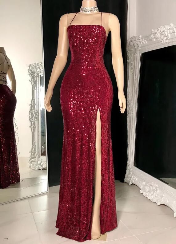 Modest Mermaid Halter Sequin Burgundy Backless Prom Dresses Inspiration Slit Prom Dress Graduation Dress RB1156