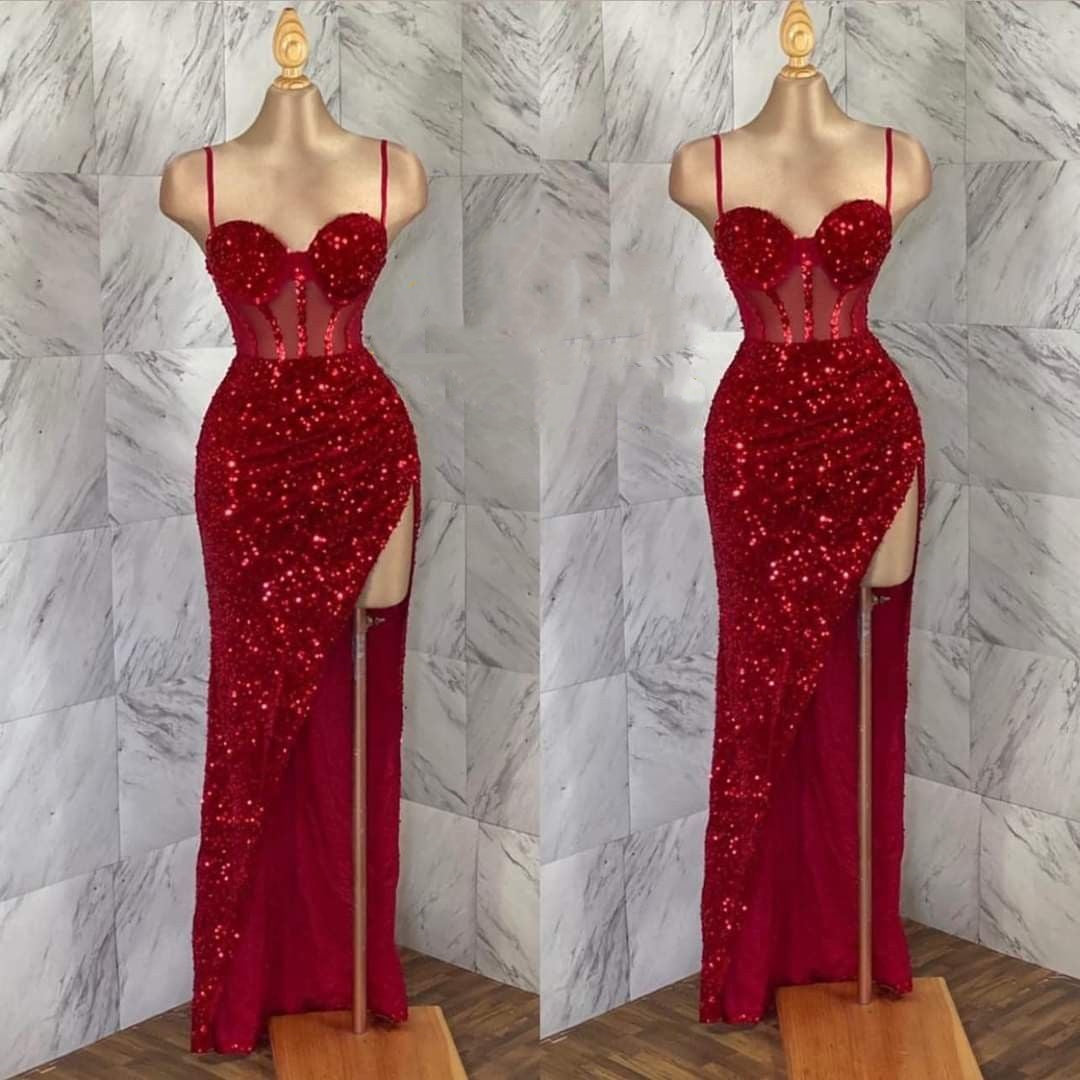 Modest Sheath Spaghetti Straps Sequin Red Slit Prom Dresses Long Party Dress Birthday Outfit Teenagers Graduation Dress RB1157