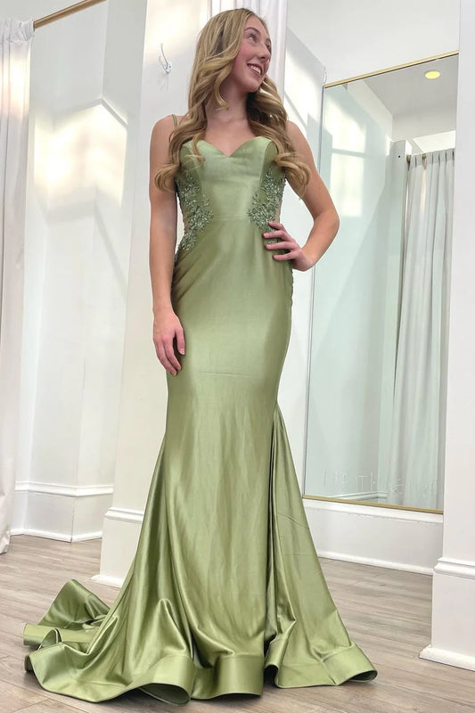 Modest Trendy Mermaid Spaghetti Straps Olive Green Satin Prom Dresses Style Long Senior High School Dance Party Dress RB1164