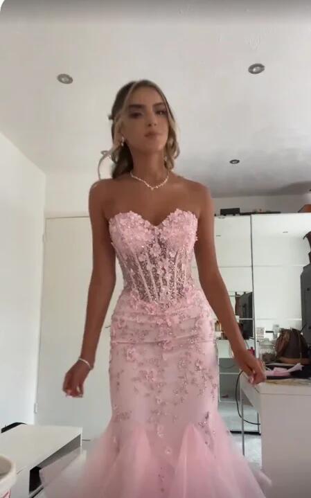 Modest Trendy Mermaid Sweetheart Pink Lace Tulle Prom Dresses Long Birthday Outfit Senior High School Dance Party Dress RB1170