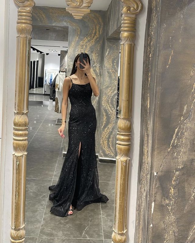 Modest Mermaid Spaghetti Straps Black Sequin Prom Dresses Long Party Dress Birthday Outfit Teenagers Graduation Dress RB1174