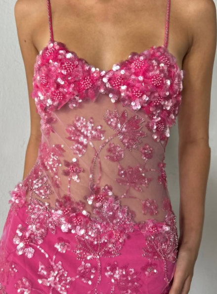 Sexy Mermaid Spaghetti Straps Pink Floral Sequin Prom Dresses Long 18th Birthday Outfit High School Dance Party Dress RB1235