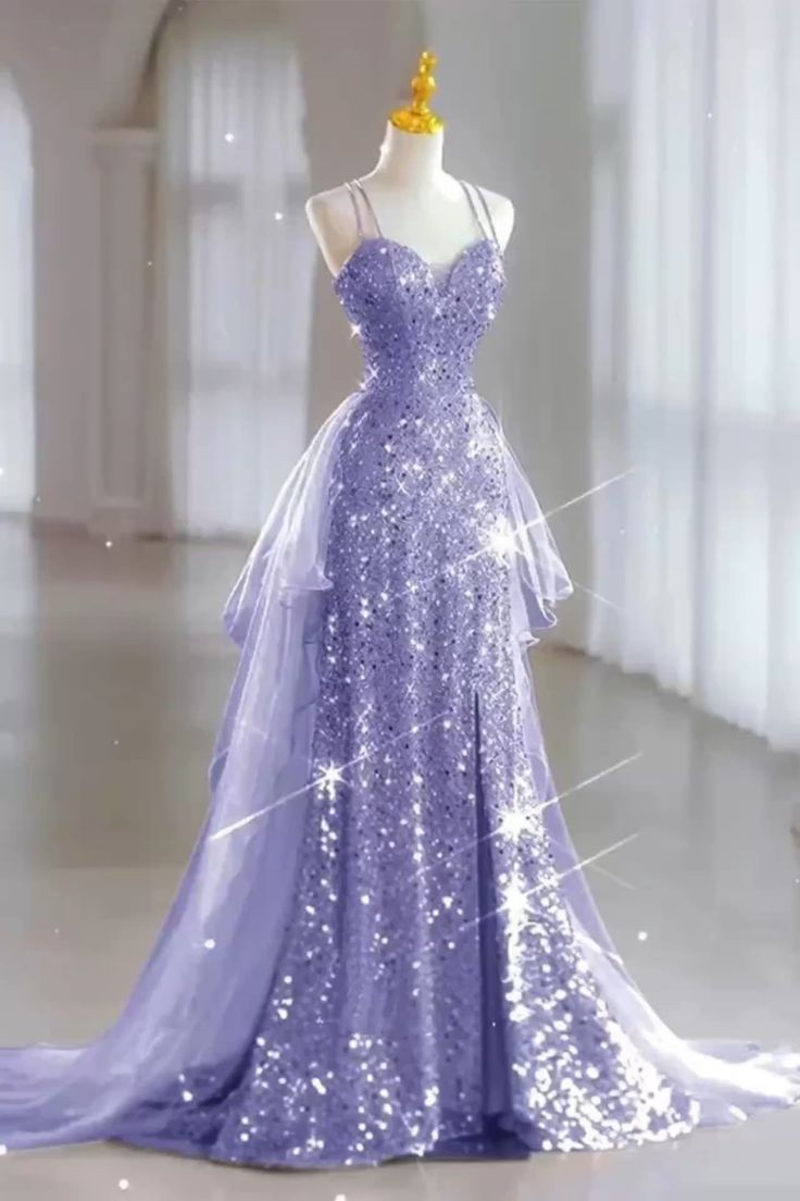 Modest Elegant Mermaid Spaghetti Straps Lilac Slit Sequin Prom Dresses Inspo Long High School Dance Formal Plain Prom Dress RB1260
